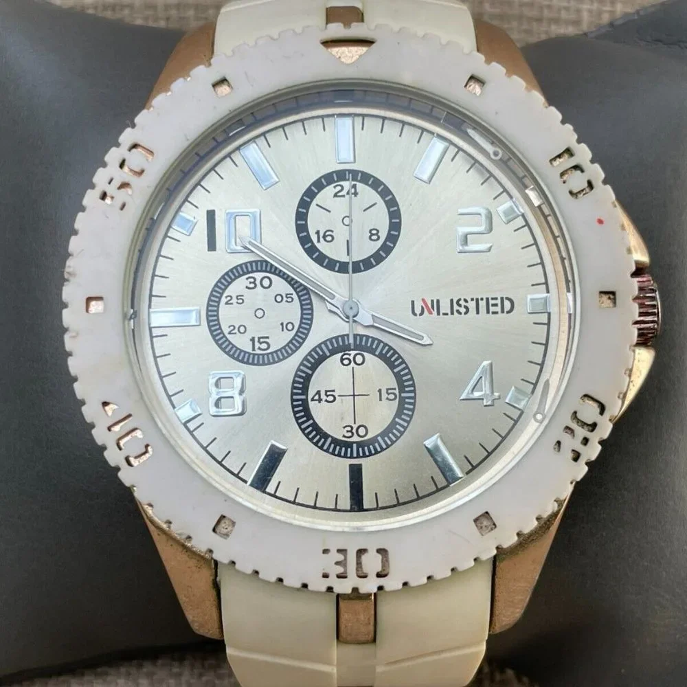 Unlisted Men Wristwatch White Band Gold Tone Case Quartz Analog - Picture 1 of 9